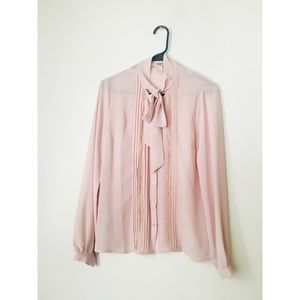Long Sleeve Button Up Blush Blouse w/ Lace Detail